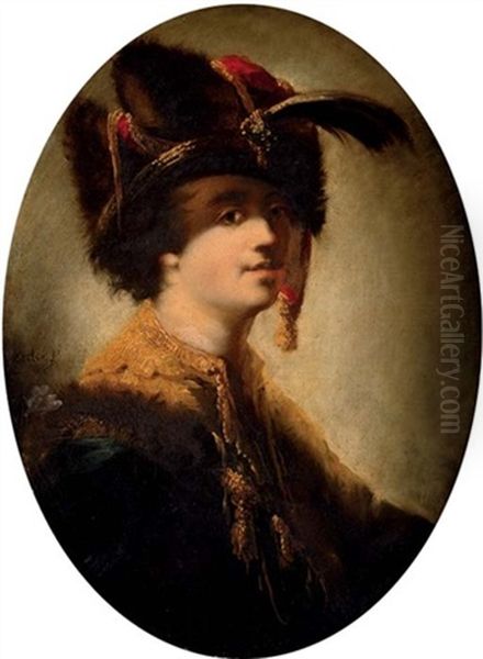 Portrait Of A Gentleman In A Golden Oriental Coat And Fur-trimmed Cloak, With A Fur Hat Adorned With A Plume Oil Painting by Matthaeus Loder