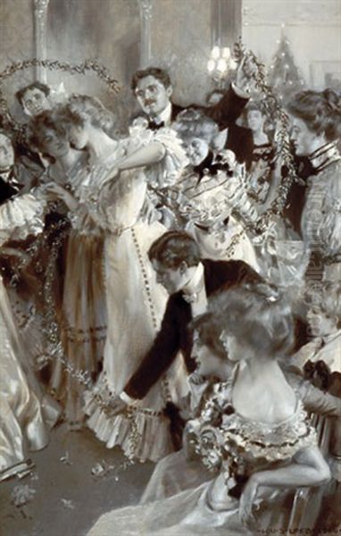 A Mesh Of Mistletoe Or A Christmas Frolic Oil Painting by Louis Loeb