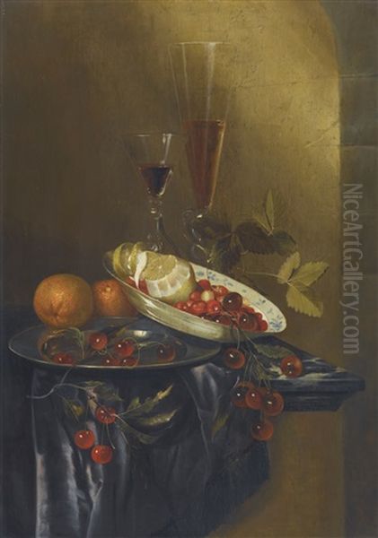 Still Life With Cherries, Lemons, Fraises-de-bois, Oranges And Two Fine Wine Glasses, All Upon A Marble Table Partly Draped With A Silk Cloth Oil Painting by Harmen Loeding