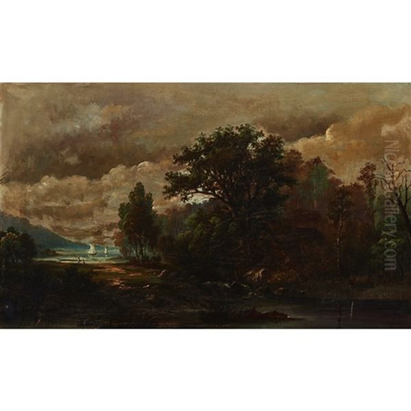River Landscape With Figures Fishing On Shore Watching Boats Oil Painting by Alexander Francois Loemans