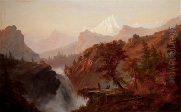 In The Rockies (indians At Waterfall) Oil Painting by Alexander Francois Loemans
