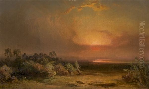 Sonnenuntergang Uber Dem Nil, Im Hintergrund Die Pyramiden Von Gizeh Oil Painting by August Loeffler