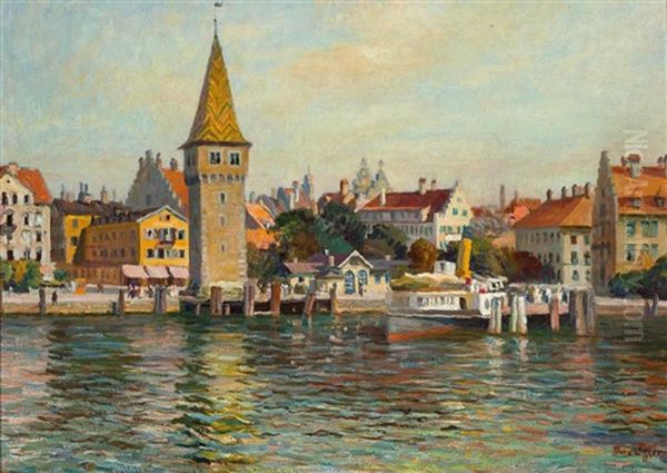Blick Uber Den Hafen Von Lindau Mit Angelegtem Raddampfer Auf Die Promenade Vom Hotel Reutemann Bis Zum Hauptzollamt Oil Painting by Franz Loeffler