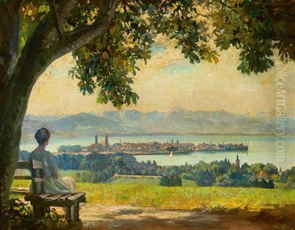 Unter Einer Alten Kastanie Hat Sich Eine Elegante Dame Im Schatten Des Baumes Zur Rast Niedergelassen Oil Painting by Franz Loeffler