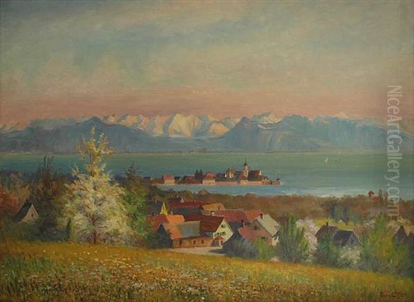 Blick An Einem Fruhlingstag Auf Schlos Und Kirche, Wasserburg-malerwinkel Am Bodensee Oil Painting by Franz Loeffler