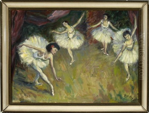 Vier Tanzende Ballerinas Auf Der Buhne Oil Painting by Franz Loeffler