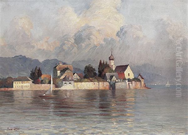 Blick Vom Malerwinkel Auf Die Halbinsel Wasserburg An Einem Prachtvollen Sommerabend Oil Painting by Franz Loeffler