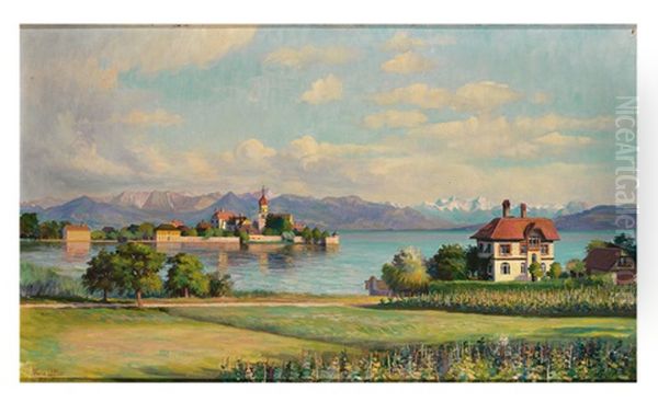 Blick Uber Den Malerwinkel Auf Villa, Wasserburg Und Gebirgssilhouette An Einem Prachtvollen Fruhlingstag Oil Painting by Franz Loeffler