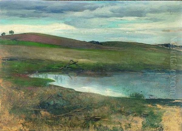 Hugelige Landschaft Mit Einem Weiher Oil Painting by Ludwig von Loefftz
