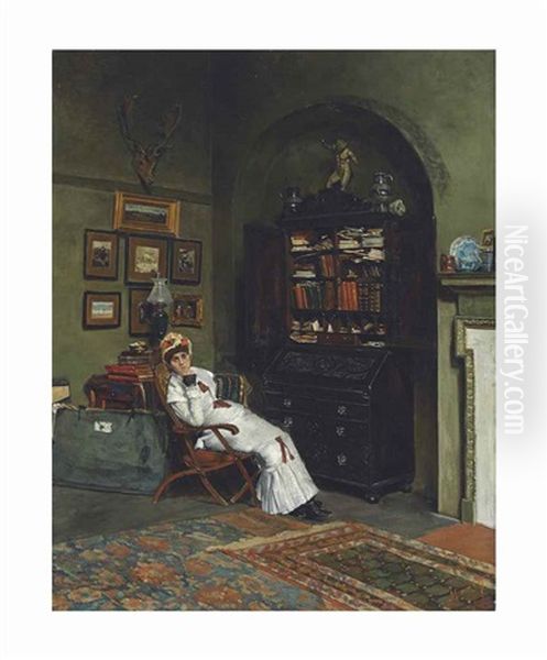 Portrait Of Esther Kenworthy Waterhouse In The Artist's Studio, Primrose Hill Oil Painting by Logsdail William