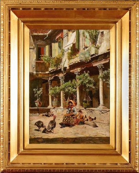 Femme Et Enfants Dans Une Cour De Palais Venitien Oil Painting by Logsdail William