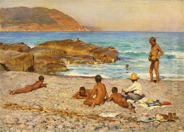 Boys Bathing Oil Painting by Logsdail William