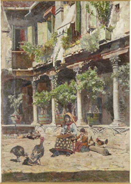 Tva Flickor Matar Faglar Pa En Innergard Oil Painting by Logsdail William