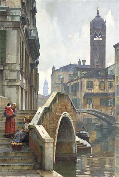 The Ponte Dei Pugni, Venice, With The Campanile Of Sta. Fosca Beyond Oil Painting by Logsdail William