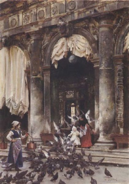 Feeding The Birds Outside Florian's, St. Mark's Square, Venice Oil Painting by Logsdail William