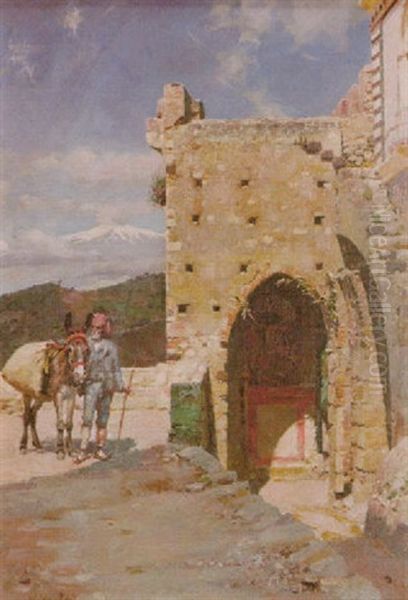 Peasant With A Donkey By A Doorway Oil Painting by Logsdail William