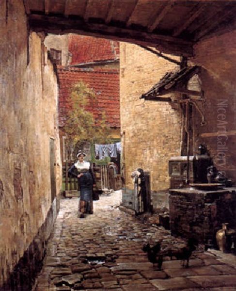 A Quiet Corner In The Dyer's Canal, Antwerp Oil Painting by Logsdail William