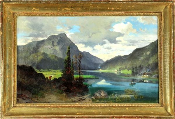 Gebirgssee Mit Boot Und Wanderern Am Uferweg Oil Painting by August Loehr