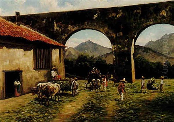Hombres Trillando Maiz Al Lado De Un Acueducto En Queretaro Oil Painting by August Loehr