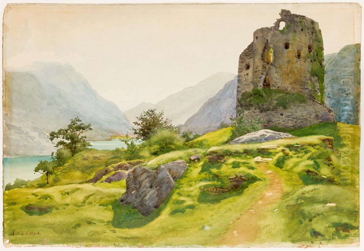 Mountain Landscape With Ruin Oil Painting by Albert Nikolaevich Benois