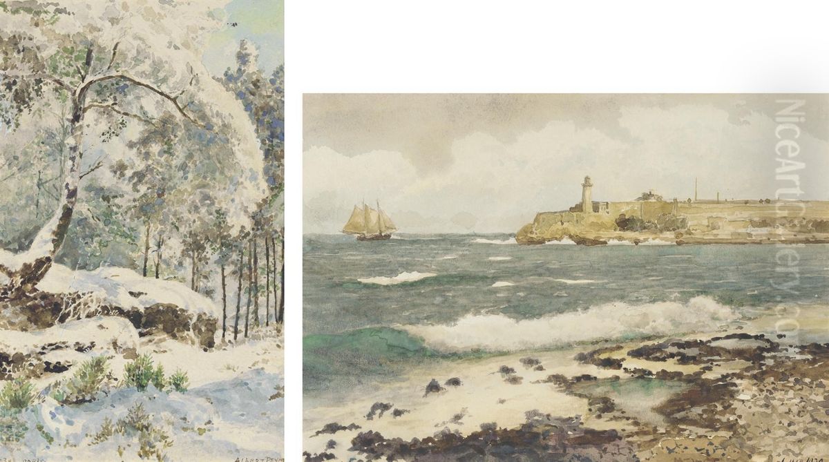 A Lighthouse From A Beach; And A Snow-covered Tree Oil Painting by Albert Nikolaevich Benois