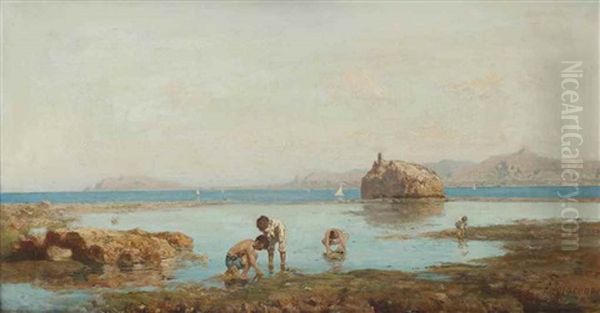 Children Fishing In The Bay Of Palermo, Sicily Oil Painting by Francesco Lojacono