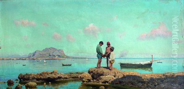 Enfants Pechant Dans La Baie De Palerme, Au Loin, Le Mont Pellegrino Oil Painting by Francesco Lojacono