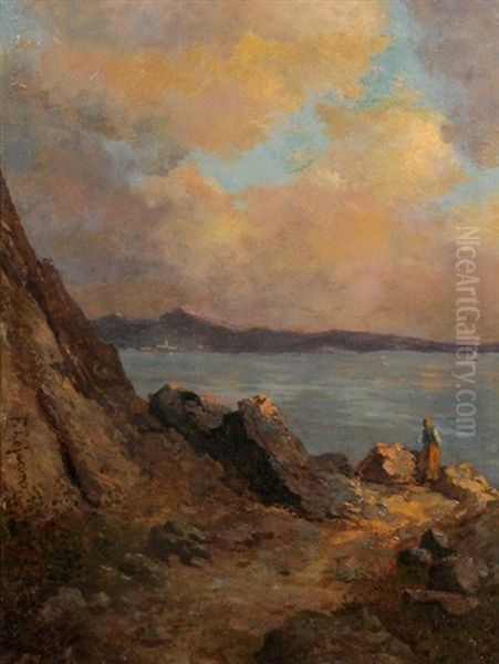 Femme Sur La Cote Italienne, Soleil Couchant Oil Painting by Francesco Lojacono