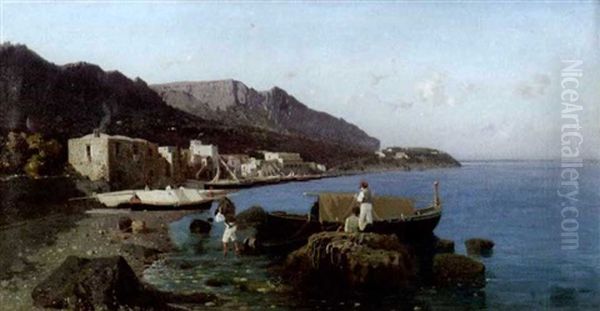 Heimkehrende Fischer Am Hafen Ihres Dorfes Im Licht Der Fruhen Morgensonne Oil Painting by Francesco Lojacono