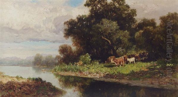 A Herd Of Cattle By A River Oil Painting by Francesco Lojacono