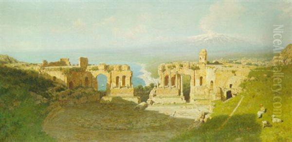 A View Of Taormina With Etna In The Background Oil Painting by Francesco Lojacono