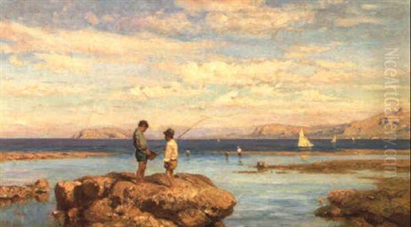 Pesca Sugli Scogli Con Veduta Sullo Sfondo Del Monte Pellegrino Oil Painting by Francesco Lojacono