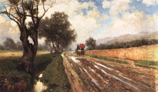 Figures On A Country Lane Oil Painting by Francesco Lojacono