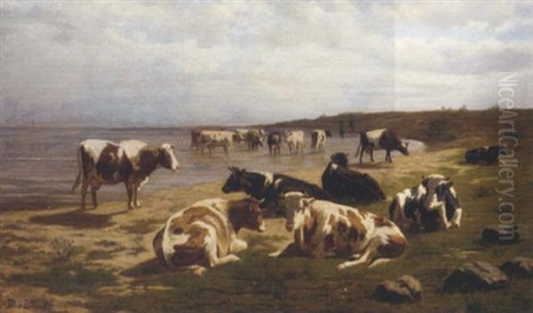 Cattle At The Water's Edge Oil Painting by Dirk Peter Van Lokhorst
