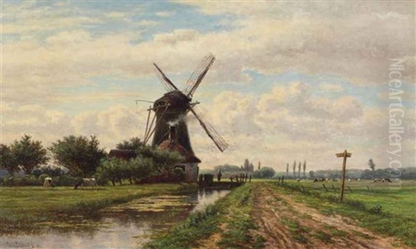 Windmill In A Dutch Landscape Oil Painting by Jan van Lokhorst