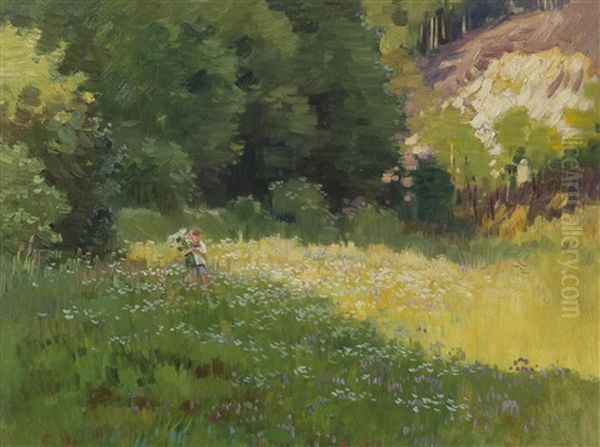 Young Girl In A Meadow Oil Painting by Stanislav Lolek