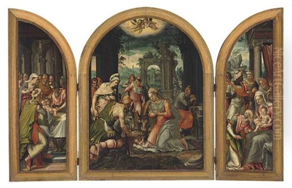 Adoration Of The Shepherds (triptych) Oil Painting by Lambert Lombard