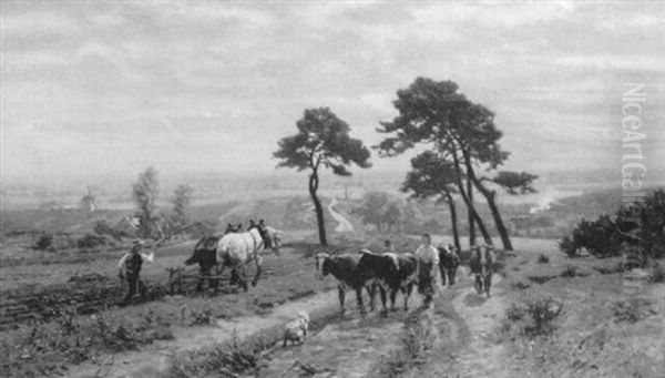 Plowing The Field And Driving Cattle Oil Painting by Wilhelm Lommen