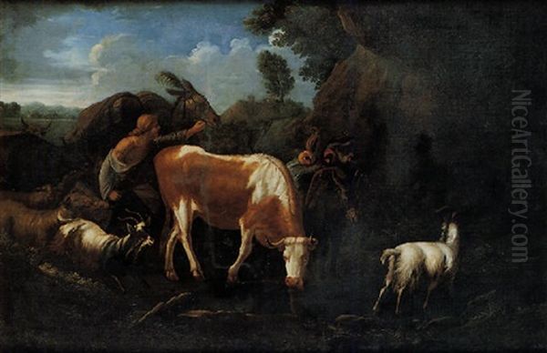 Paesaggio Agreste Con Animali E Figura Femminile Oil Painting by Francesco Londonio