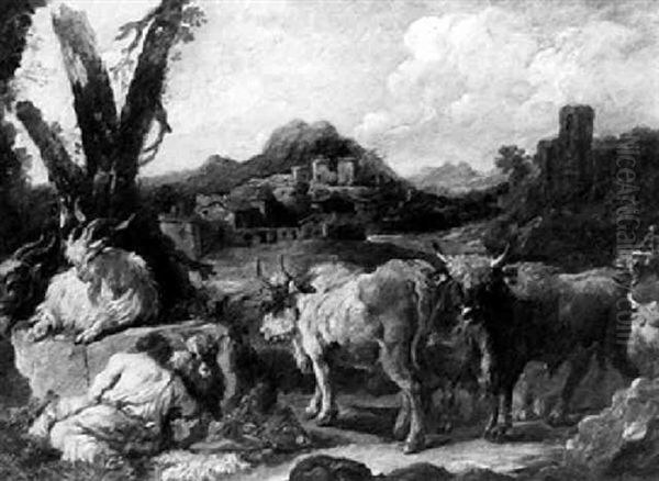 Landscape With A Peasant And His Flock Oil Painting by Francesco Londonio