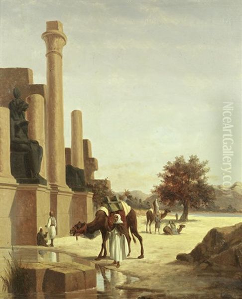 Camels And Riders Resting Before A Temple Oil Painting by Edwin Longsden Long