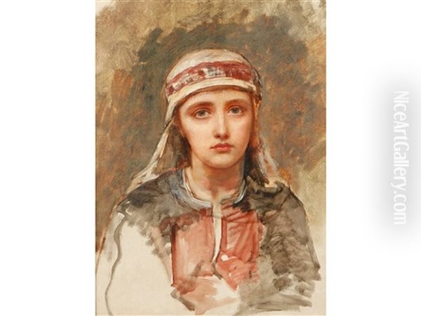A Head And Shoulders Portrait Of An Arab Girl Wearing Traditional Dress Oil Painting by Edwin Longsden Long