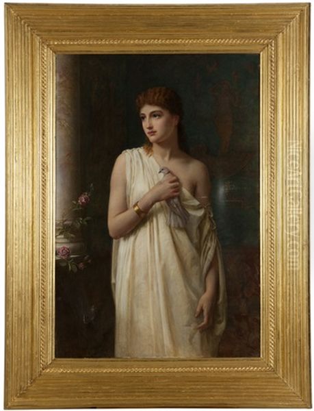 Portrait Of A Woman In Greco-roman Dress In An Interior Holding A Pigeon Oil Painting by Edwin Longsden Long