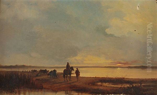 Bouviers Dans La Camargue Oil Painting by Edwin Longsden Long