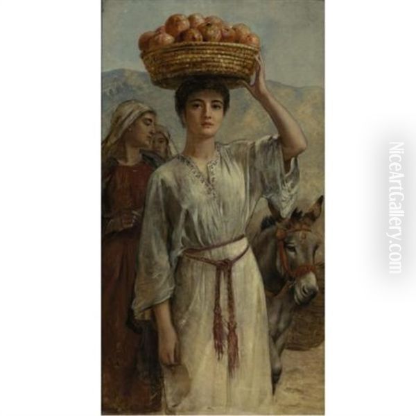 Woman Carrying A Basket Full Of Pomegranates Oil Painting by Edwin Longsden Long
