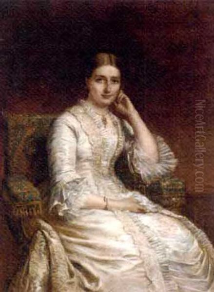 Portrait Of A Lady In A White Dress, In A Panelled Interior Oil Painting by Edwin Longsden Long