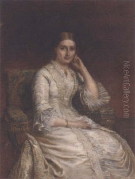 Portrait Of A Lady, Seated, In A White Dress, In A Panelled Interior Oil Painting by Edwin Longsden Long