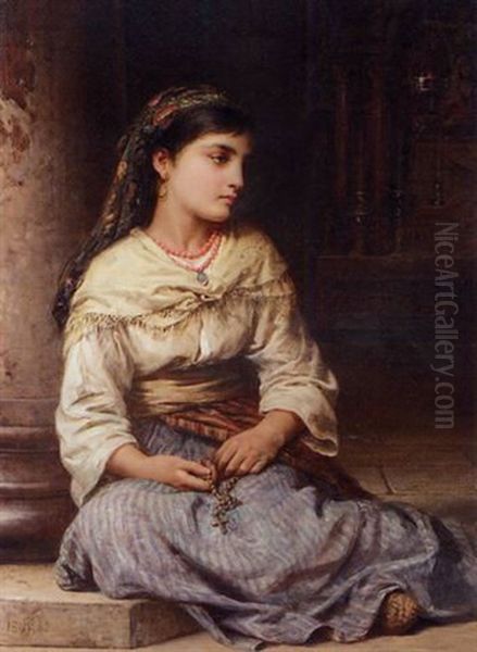 A Young Girl Holding A Rosary Oil Painting by Edwin Longsden Long