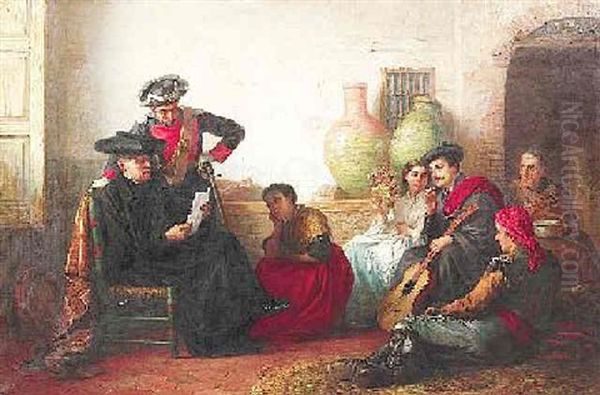 Der Brief. Spanische, Landliche Gesellschaft Im Kreise Eines Geistlichen Und Eines Offizieres, Die Uber Einen Brief Gebeugt Sind Oil Painting by Edwin Longsden Long
