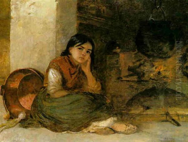 Girl By A Fireside Oil Painting by Edwin Longsden Long